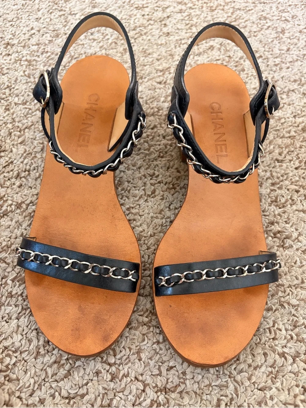 CHANEL Black Leather Chain-Trim Slingback Sandals